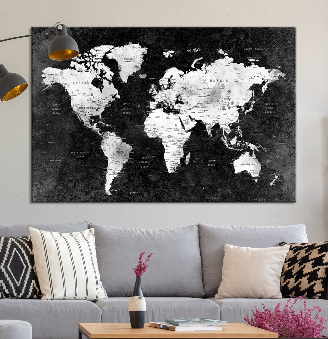 Large World Map Wall Art with Black Background Detailed Map on Canvas Print