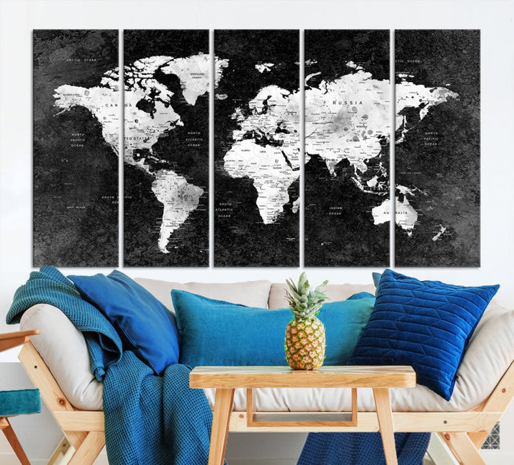 Large World Map Wall Art with Black Background Detailed Map on Canvas Print