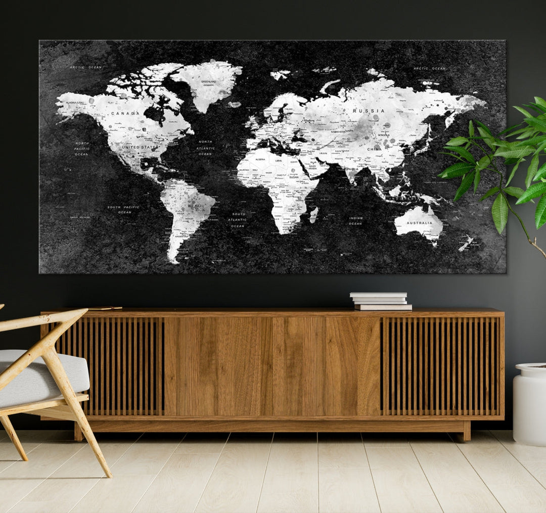 Large World Map Wall Art with Black Background Detailed Map on Canvas Print