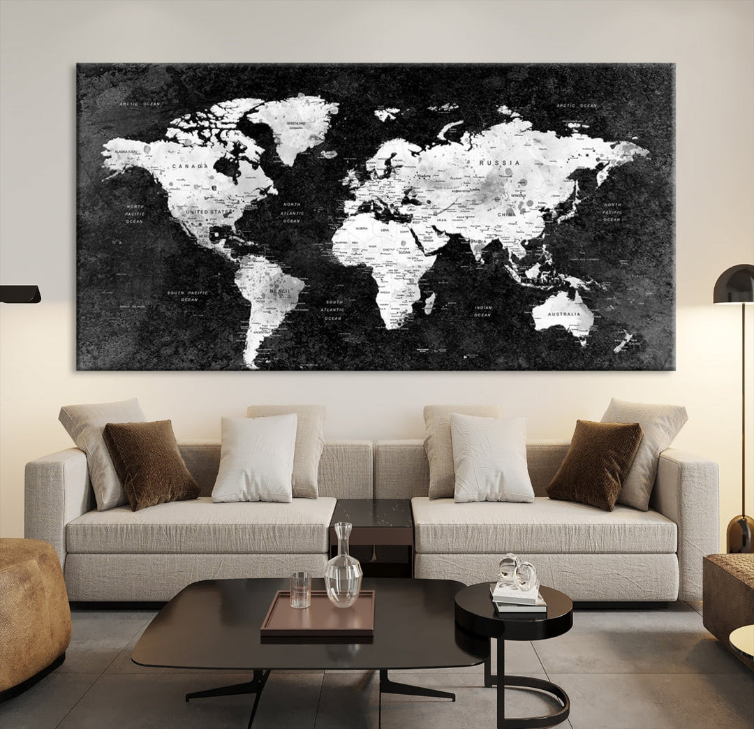 Large World Map Wall Art with Black Background Detailed Map on Canvas Print