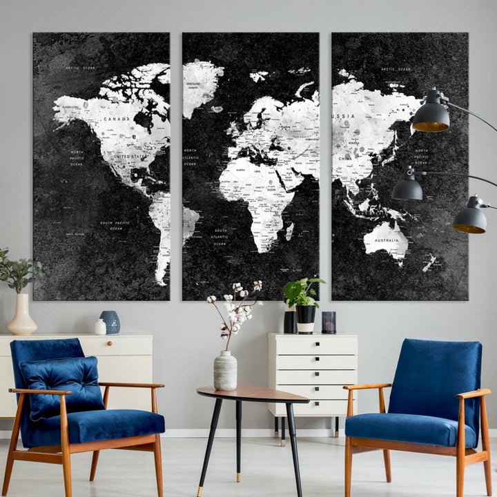 Large World Map Wall Art with Black Background Detailed Map on Canvas Print