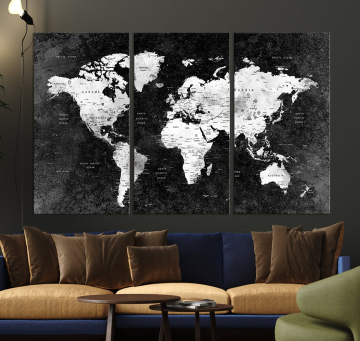 Large World Map Wall Art with Black Background Detailed Map on Canvas Print