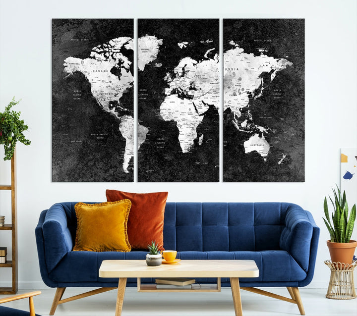 Large World Map Wall Art with Black Background Detailed Map on Canvas Print