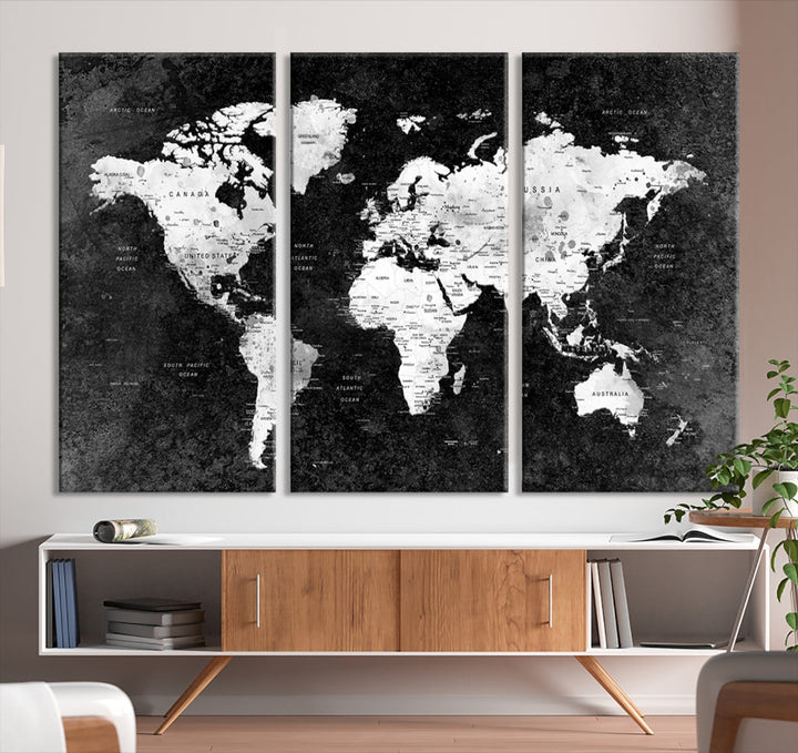 Large World Map Wall Art with Black Background Detailed Map on Canvas Print