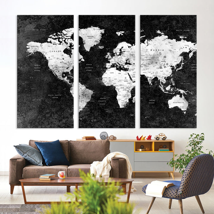 Large World Map Wall Art with Black Background Detailed Map on Canvas Print