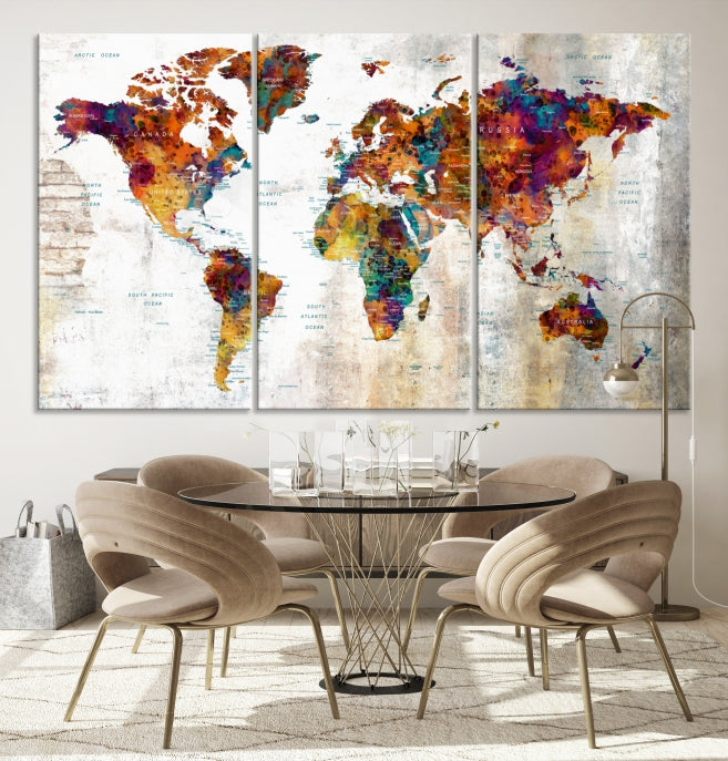 Large World Map Watercolor Wall Art Canvas Print Traveler Gift