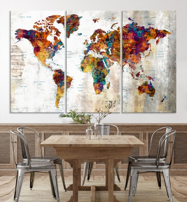 Large World Map Watercolor Wall Art Canvas Print Traveler Gift