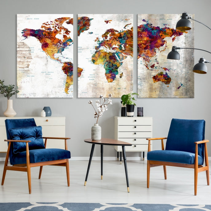 Large World Map Watercolor Wall Art Canvas Print Traveler Gift