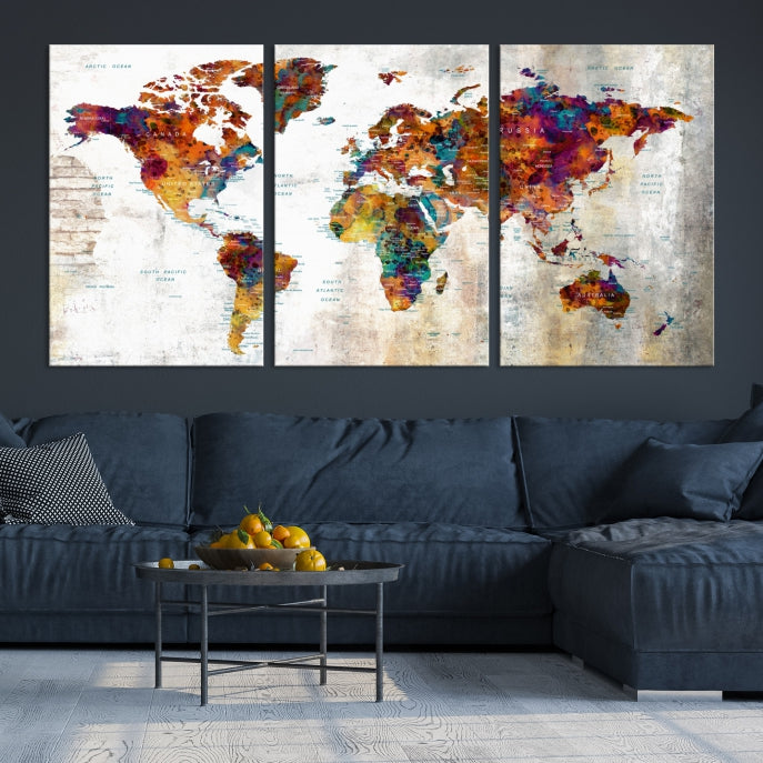 Large World Map Watercolor Wall Art Canvas Print Traveler Gift