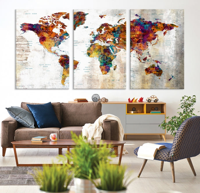 Large World Map Watercolor Wall Art Canvas Print Traveler Gift