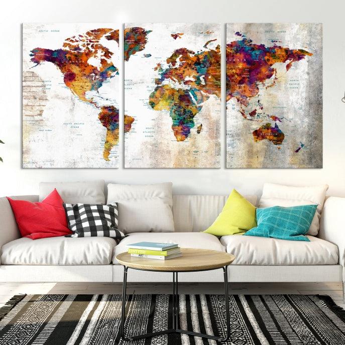 Large World Map Watercolor Wall Art Canvas Print Traveler Gift