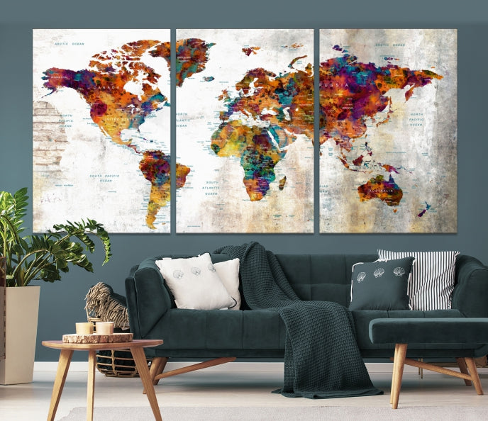 Large World Map Watercolor Wall Art Canvas Print Traveler Gift