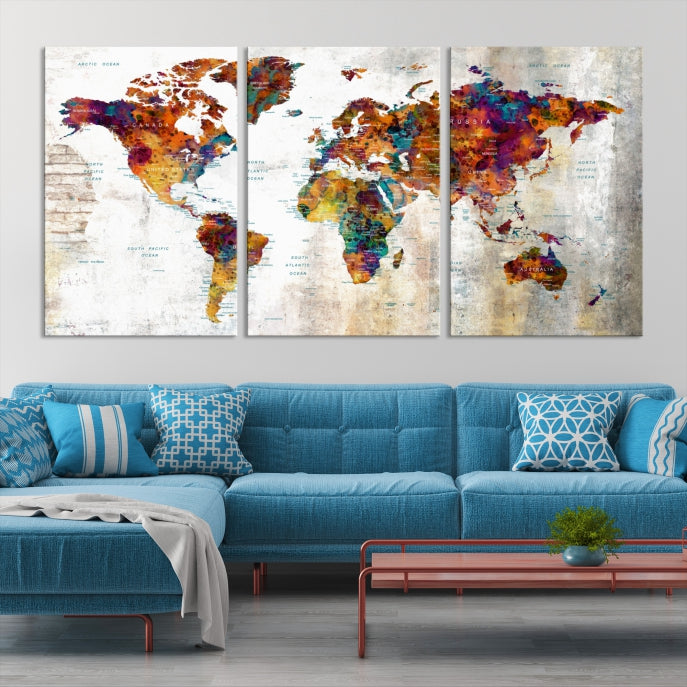 Large World Map Watercolor Wall Art Canvas Print Traveler Gift