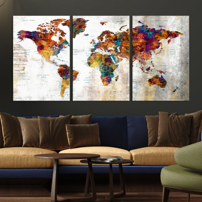 Large World Map Watercolor Wall Art Canvas Print Traveler Gift