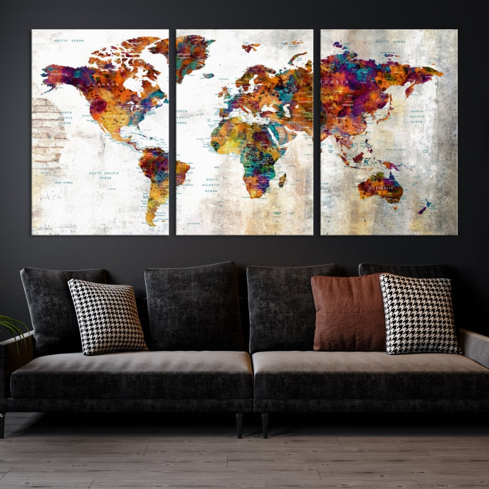 Large World Map Watercolor Wall Art Canvas Print Traveler Gift