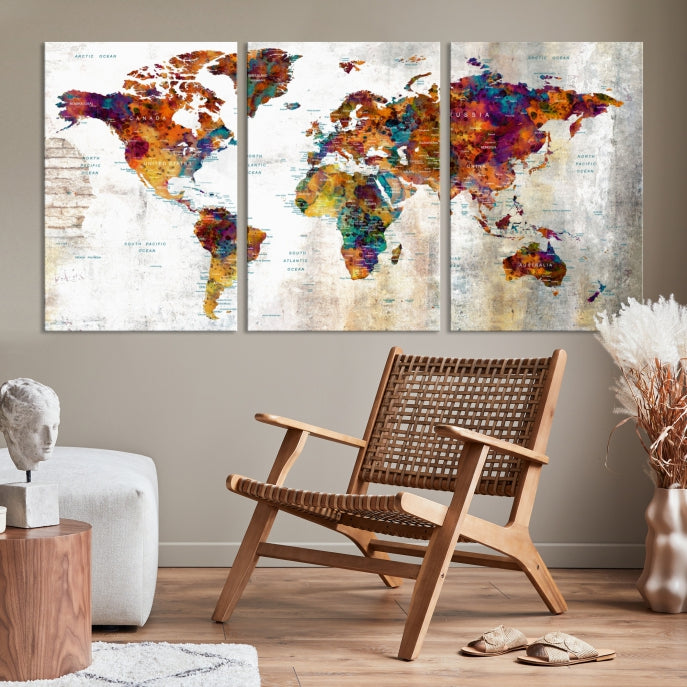 Large World Map Watercolor Wall Art Canvas Print Traveler Gift