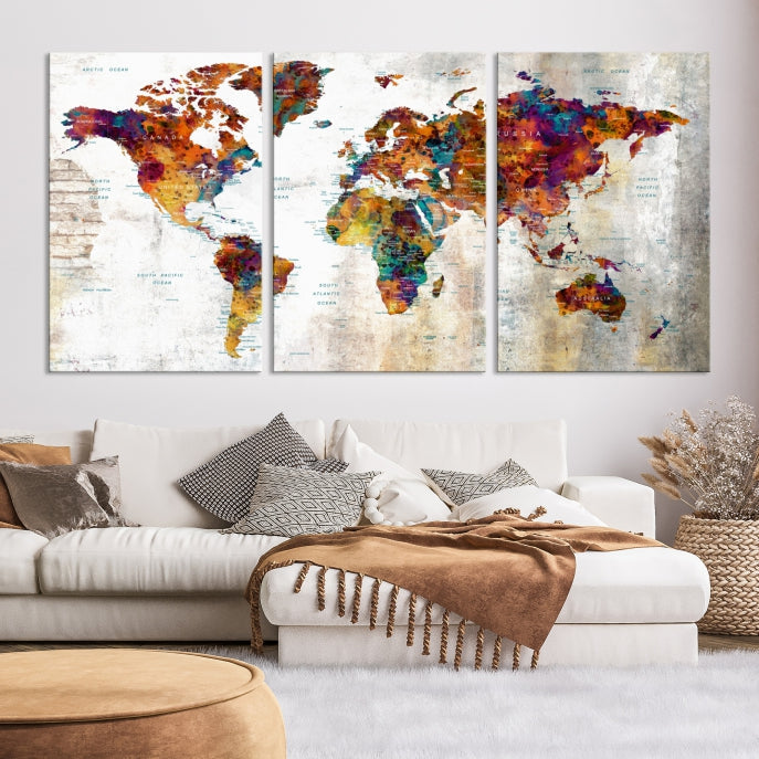 Large World Map Watercolor Wall Art Canvas Print Traveler Gift