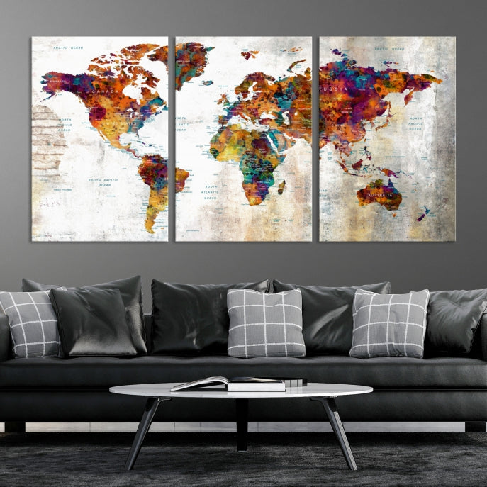 Large World Map Watercolor Wall Art Canvas Print Traveler Gift