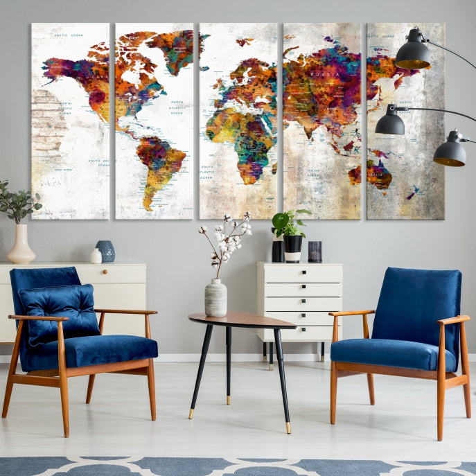 Large World Map Watercolor Wall Art Canvas Print Traveler Gift