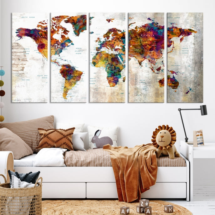 Large World Map Watercolor Wall Art Canvas Print Traveler Gift