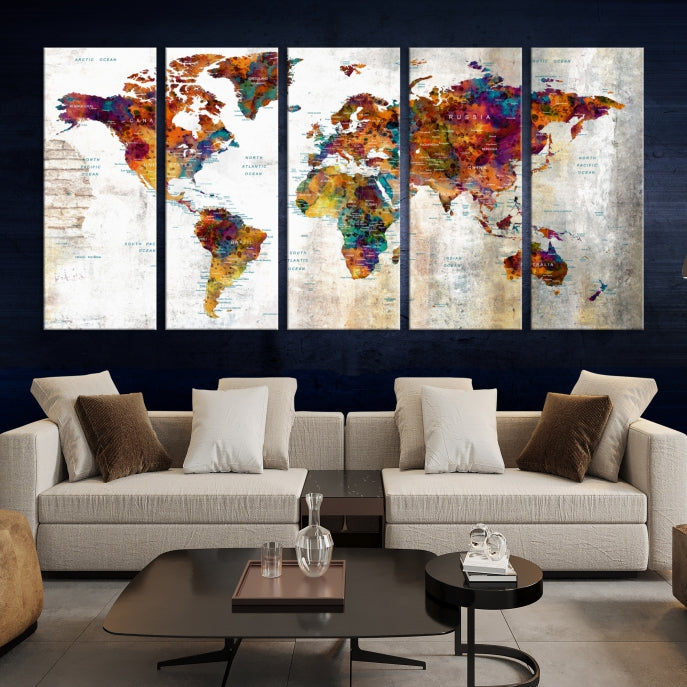 Large World Map Watercolor Wall Art Canvas Print Traveler Gift