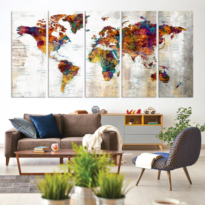 Large World Map Watercolor Wall Art Canvas Print Traveler Gift