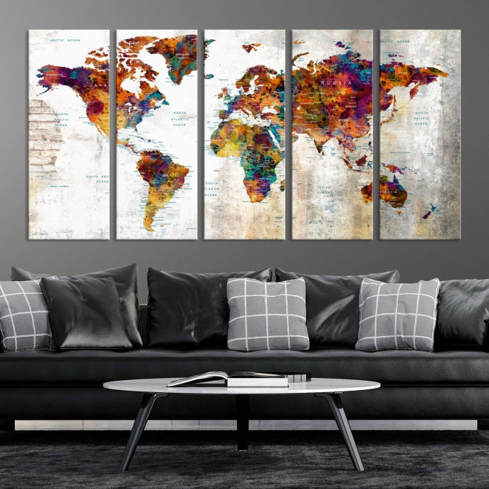 Large World Map Watercolor Wall Art Canvas Print Traveler Gift