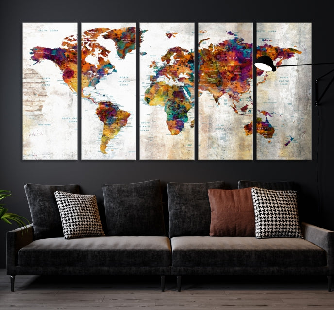 Large World Map Watercolor Wall Art Canvas Print Traveler Gift