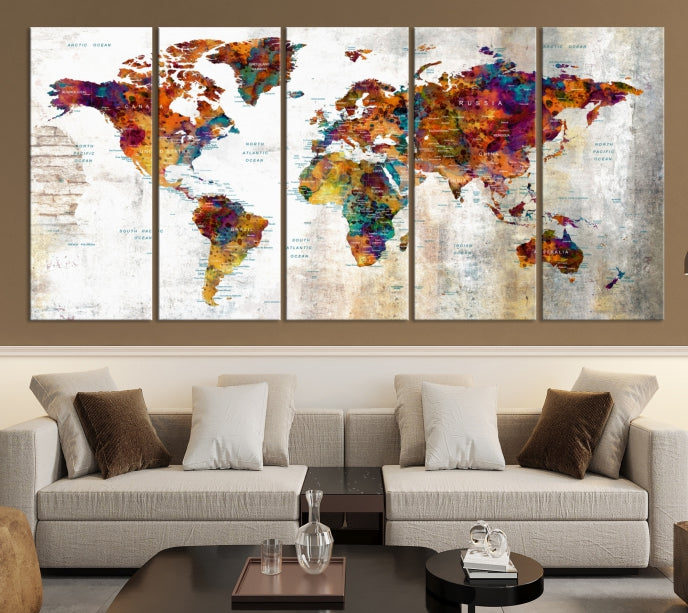 Large World Map Watercolor Wall Art Canvas Print Traveler Gift