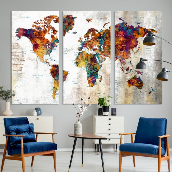 Large World Map Watercolor Wall Art Canvas Print Traveler Gift