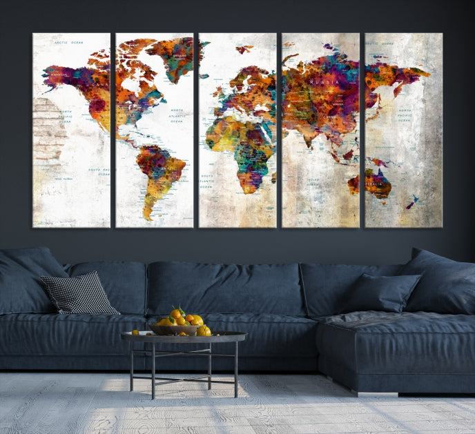 Large World Map Watercolor Wall Art Canvas Print Traveler Gift