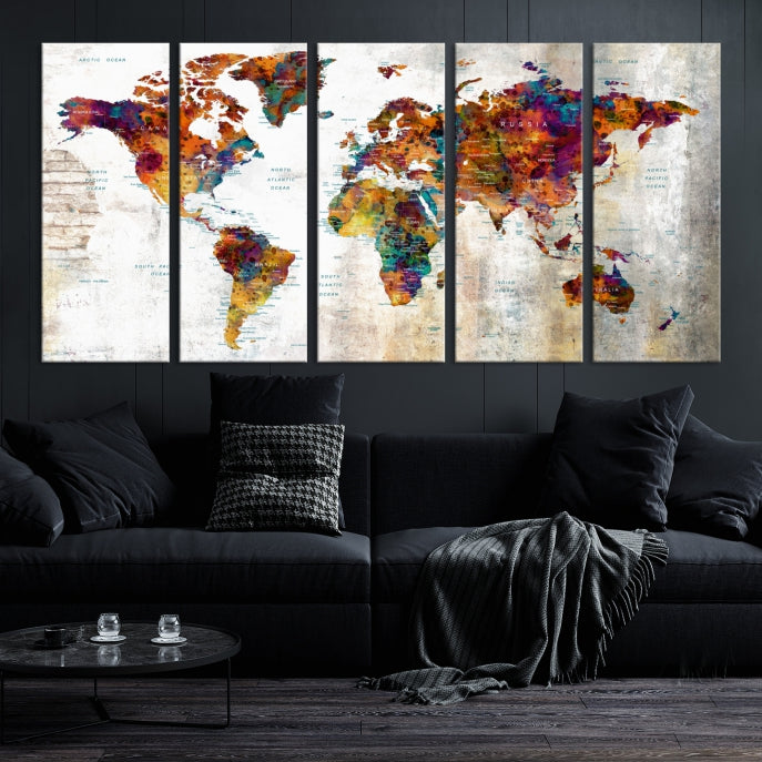 Large World Map Watercolor Wall Art Canvas Print Traveler Gift