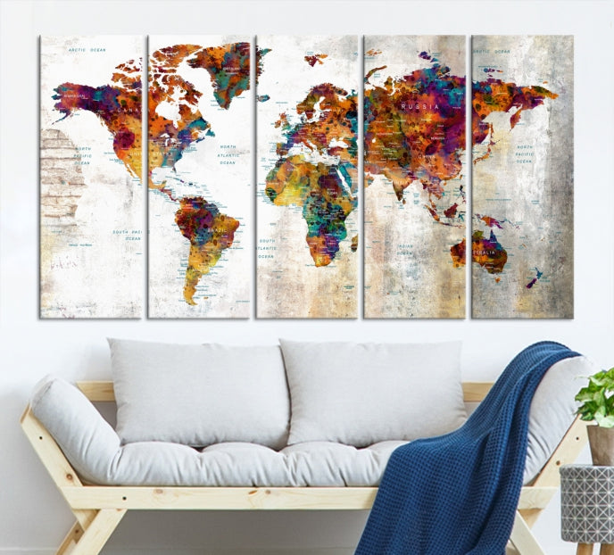 Large World Map Watercolor Wall Art Canvas Print Traveler Gift