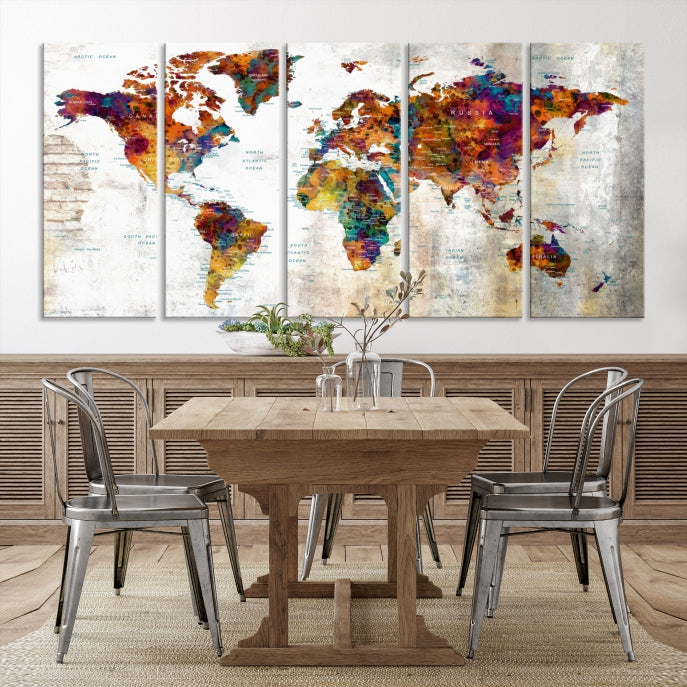 Large World Map Watercolor Wall Art Canvas Print Traveler Gift