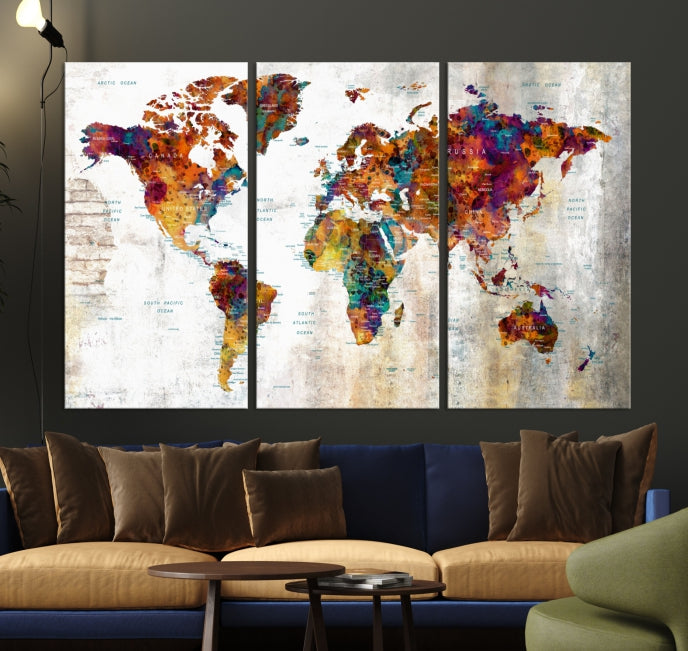 Large World Map Watercolor Wall Art Canvas Print Traveler Gift