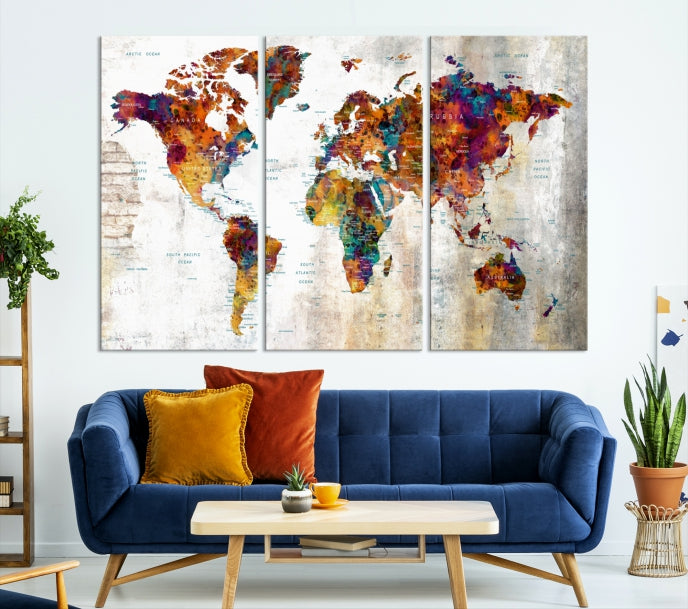 Large World Map Watercolor Wall Art Canvas Print Traveler Gift