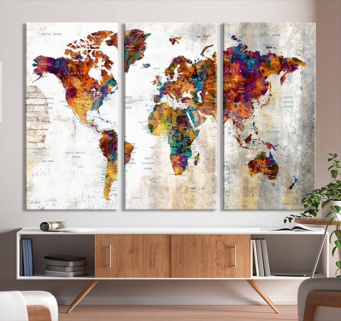 Large World Map Watercolor Wall Art Canvas Print Traveler Gift