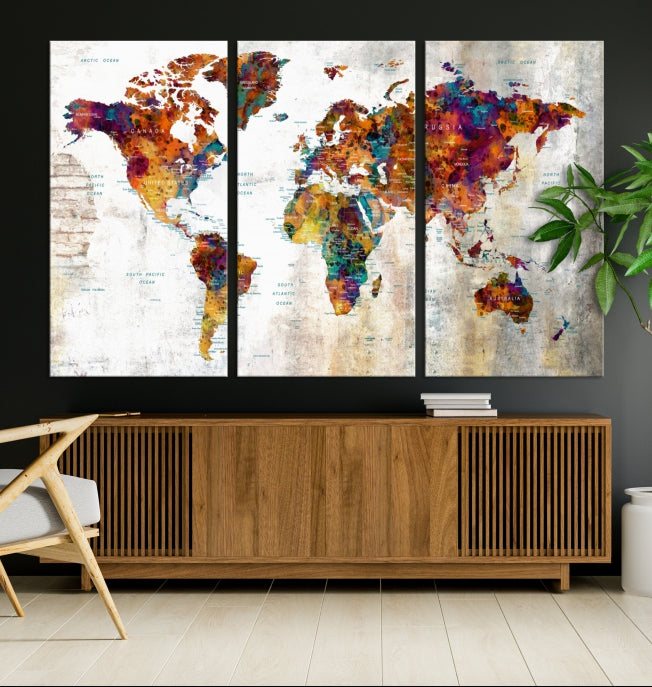 Large World Map Watercolor Wall Art Canvas Print Traveler Gift