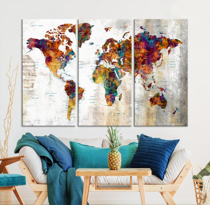 Large World Map Watercolor Wall Art Canvas Print Traveler Gift