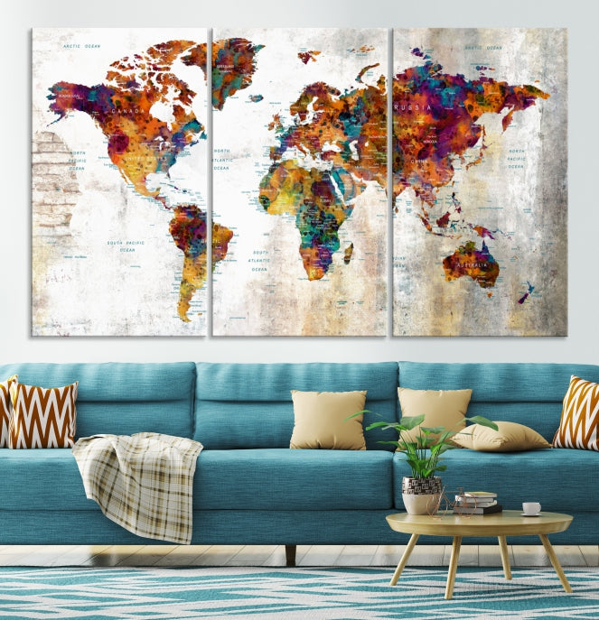 Large World Map Watercolor Wall Art Canvas Print Traveler Gift