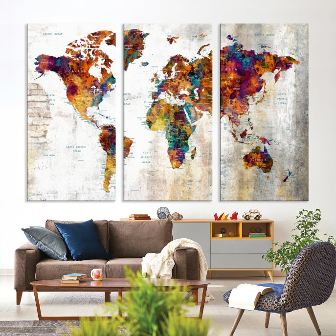 Large World Map Watercolor Wall Art Canvas Print Traveler Gift