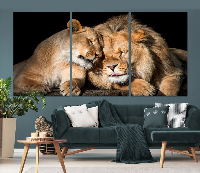 Lion Couple Picture Printed on Cotton Canvas Wall Art Print Framed