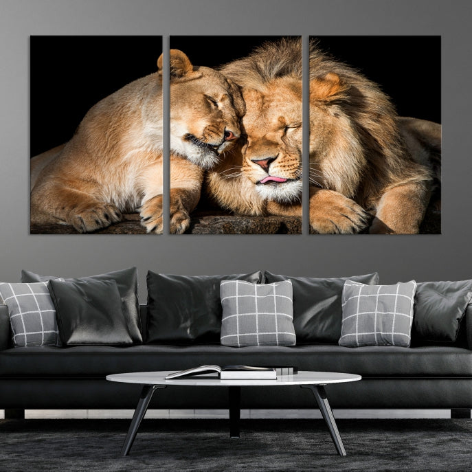 Lion Couple Picture Printed on Cotton Canvas Wall Art Print Framed