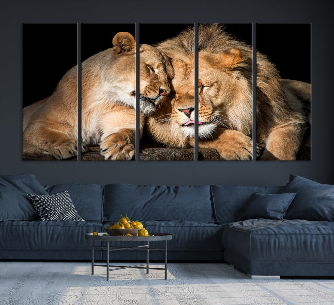 Lion Couple Picture Printed on Cotton Canvas Wall Art Print Framed