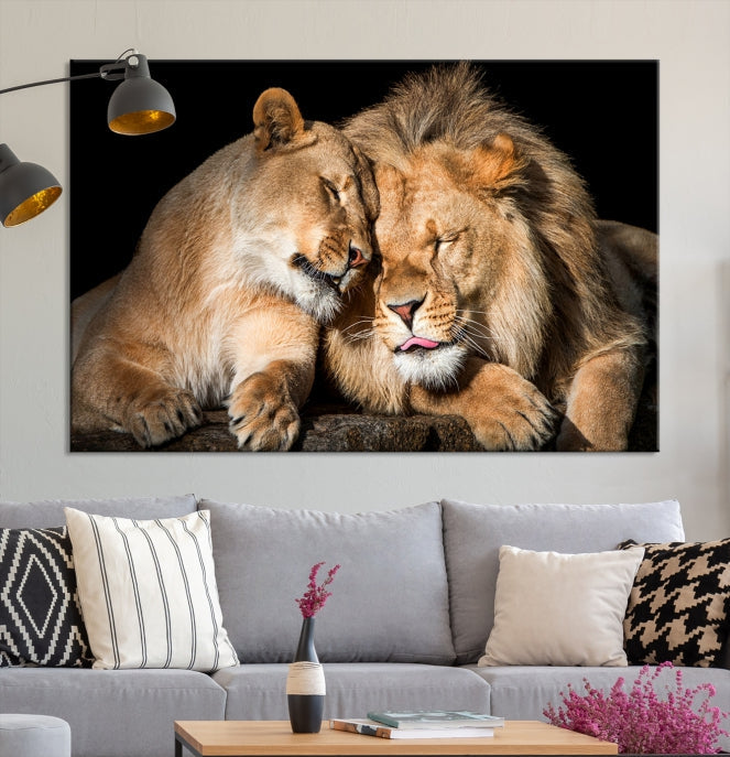 Lion Couple Picture Printed on Cotton Canvas Wall Art Print Framed