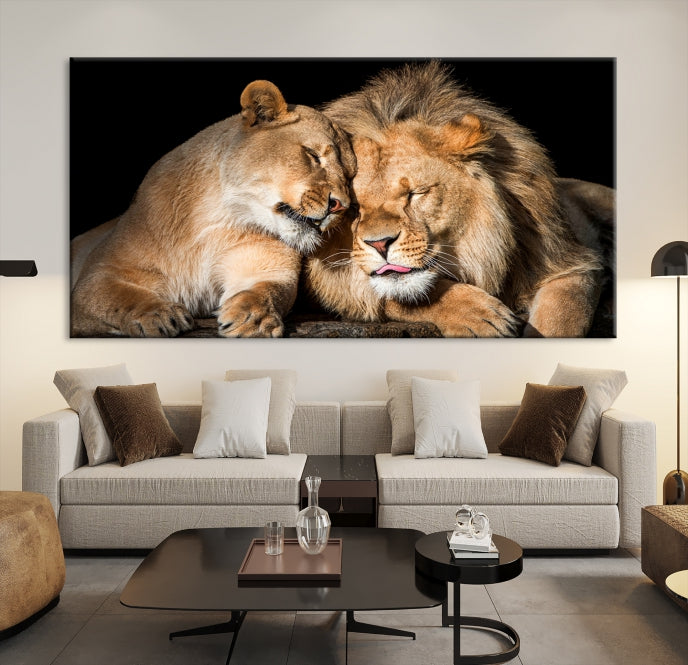 Lion Couple Picture Printed on Cotton Canvas Wall Art Print Framed