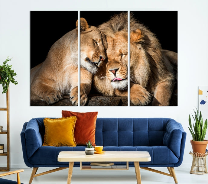 Lion Couple Picture Printed on Cotton Canvas Wall Art Print Framed