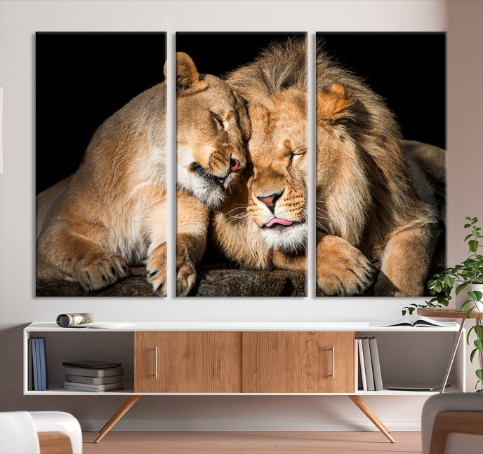 Lion Couple Picture Printed on Cotton Canvas Wall Art Print Framed