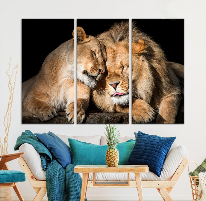 Lion Couple Picture Printed on Cotton Canvas Wall Art Print Framed