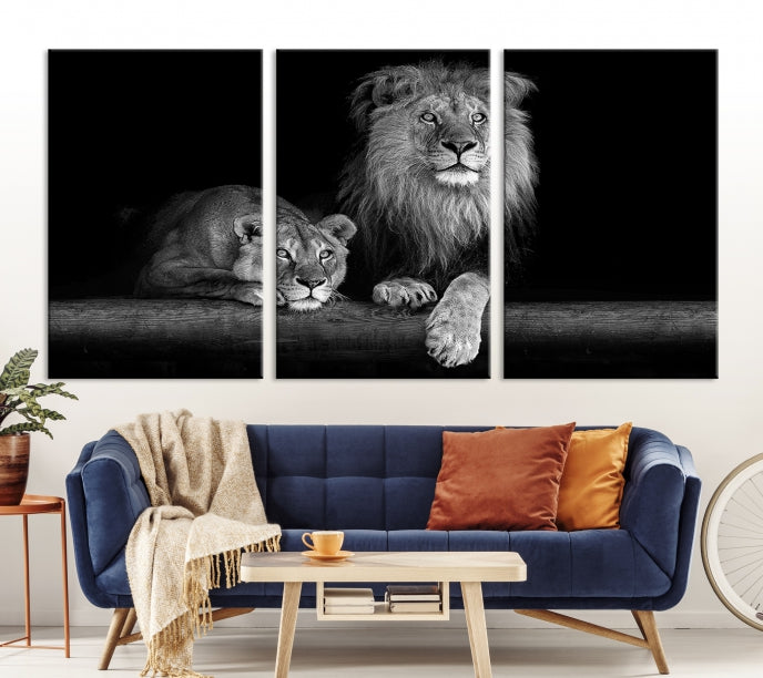 Lion Family Black and White Animal Portrait Canvas Wall Art Giclee Print